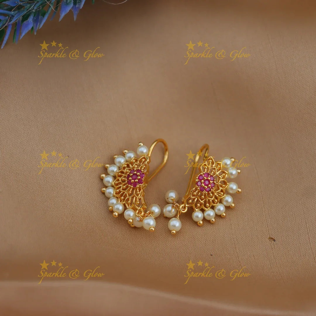 Floral Bugadi Earrings with Pearls and Pink Stone Detailing