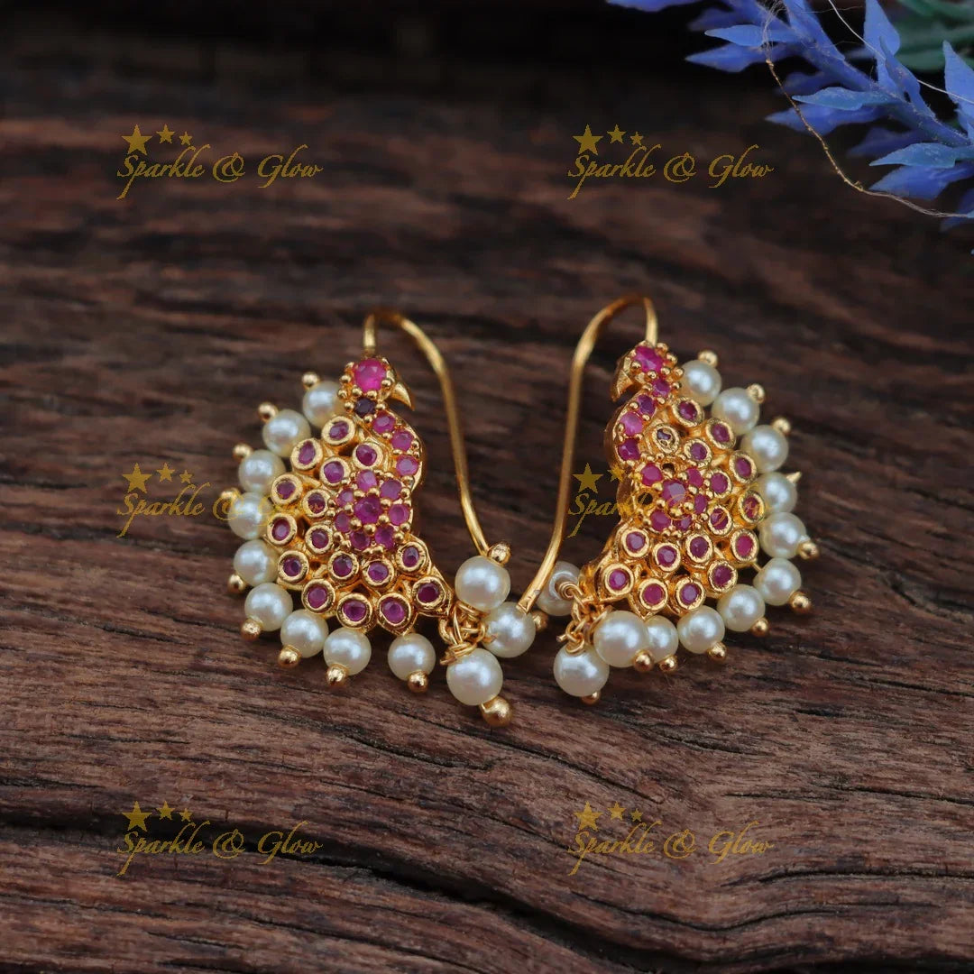 Peacock Bugadi Earrings with Pink Stones and Pearl Drops
