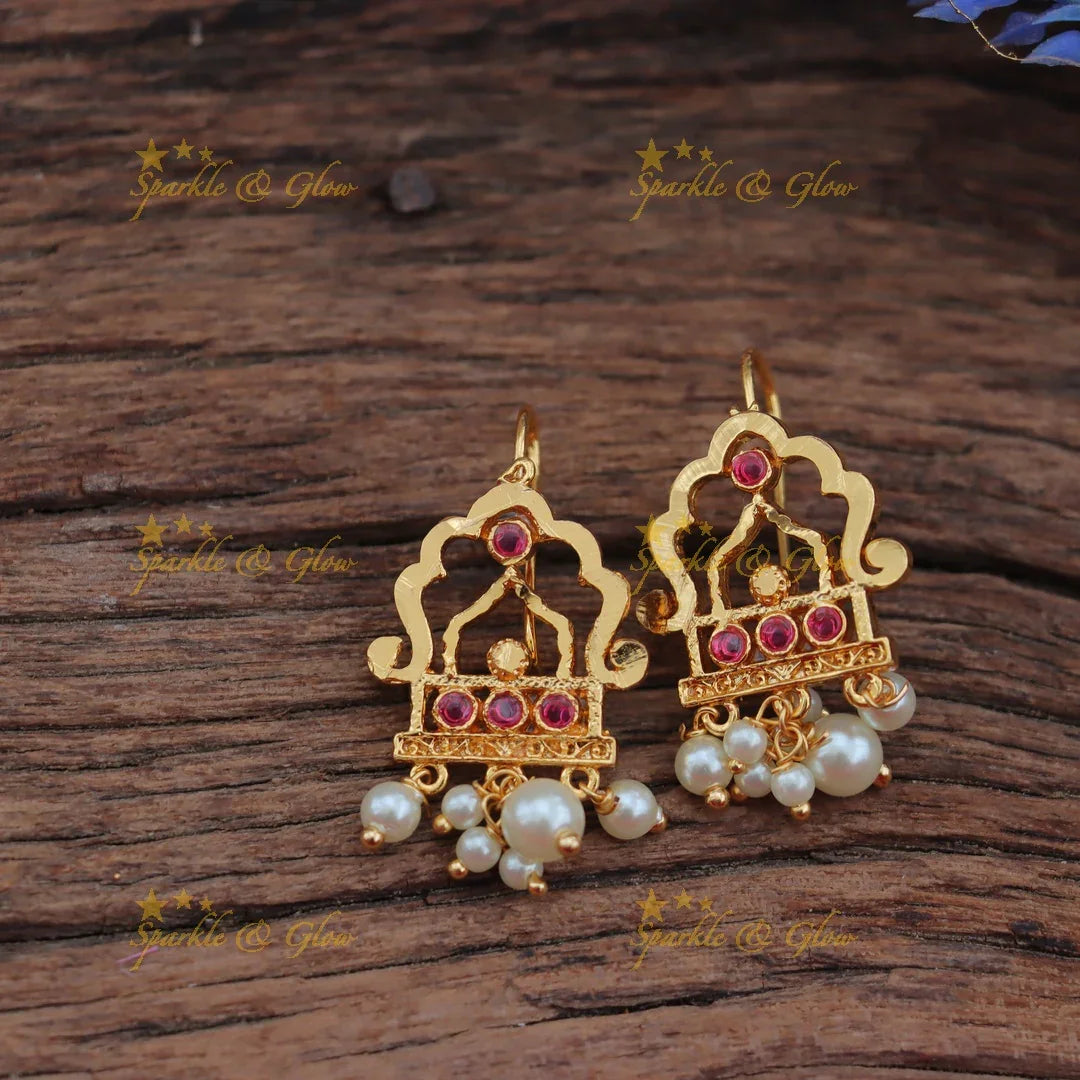 Temple Arch Bugadi Earrings with Pink Stones & Pearls