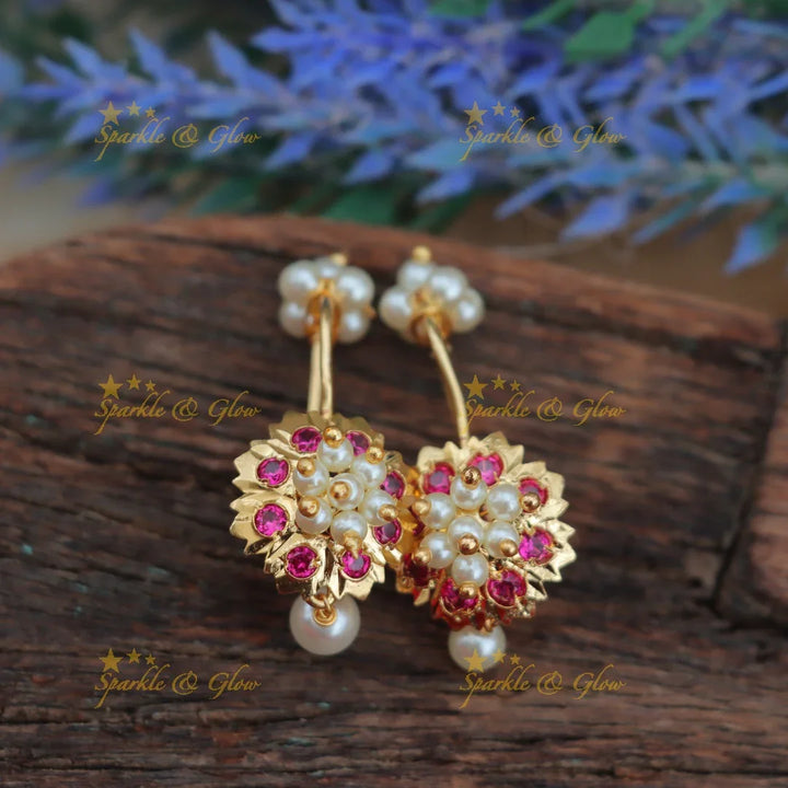 Cluster Pearl & Pink Stone Floral Bugadi Earrings