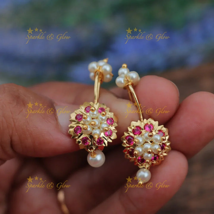 Cluster Pearl & Pink Stone Floral Bugadi Earrings