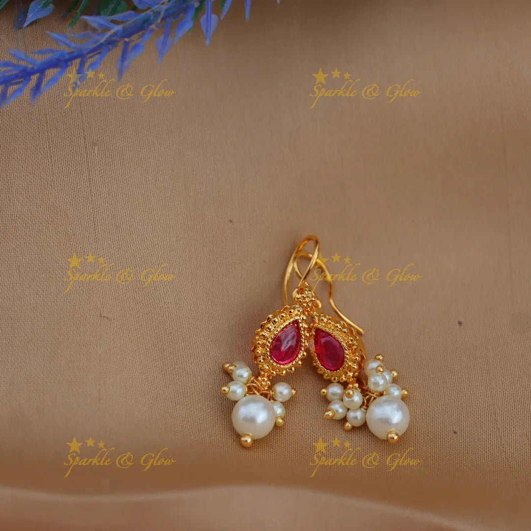 Teardrop Pink Stone Bugadi Earrings with Pearl Drops
