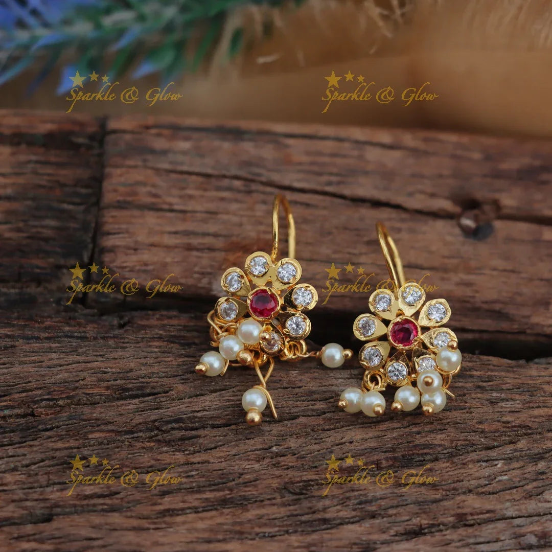 Daisy Floral Bugadi Earrings with White Stones & Pearls
