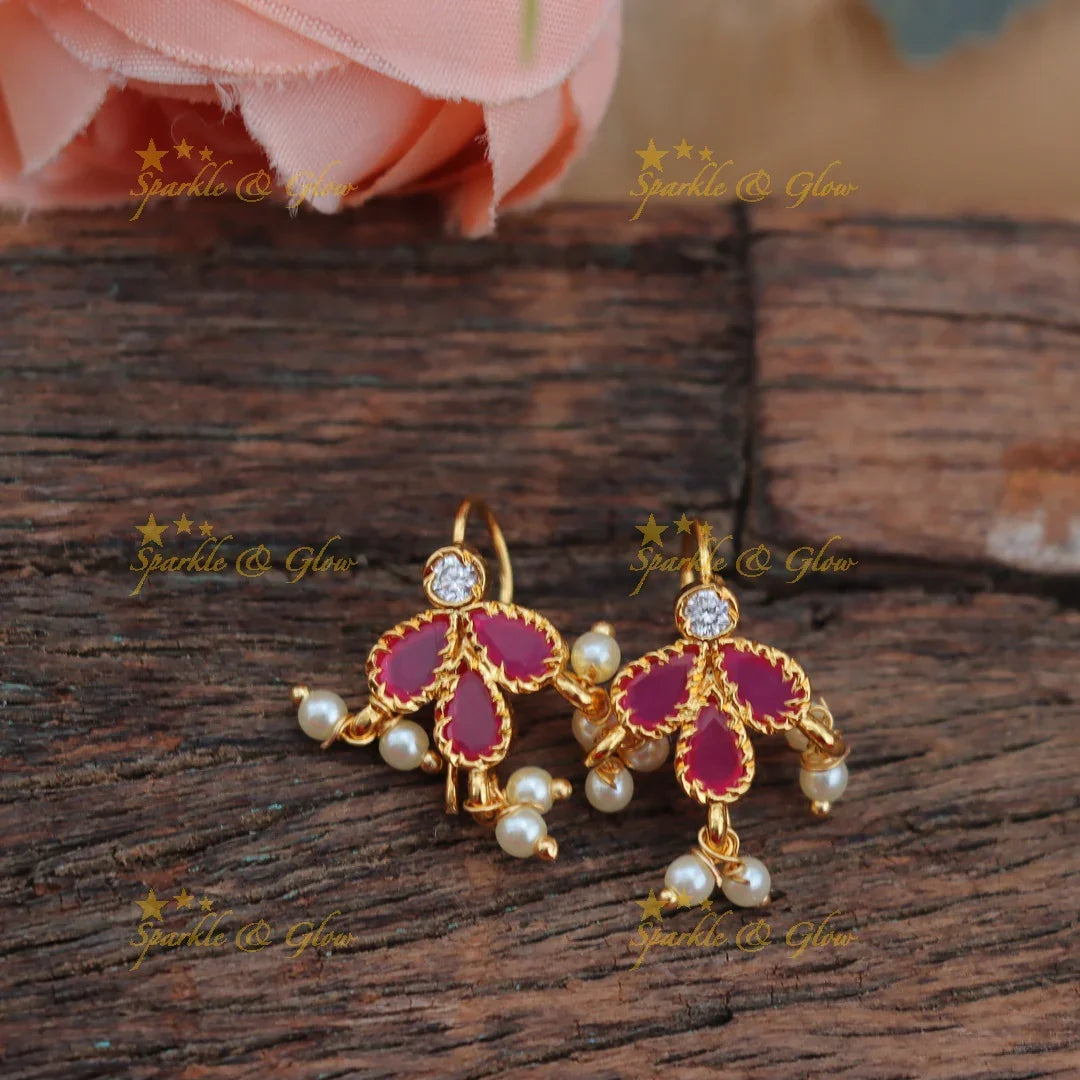 Tri-Petal Pink Stone Bugadi Earrings with Pearl Drops
