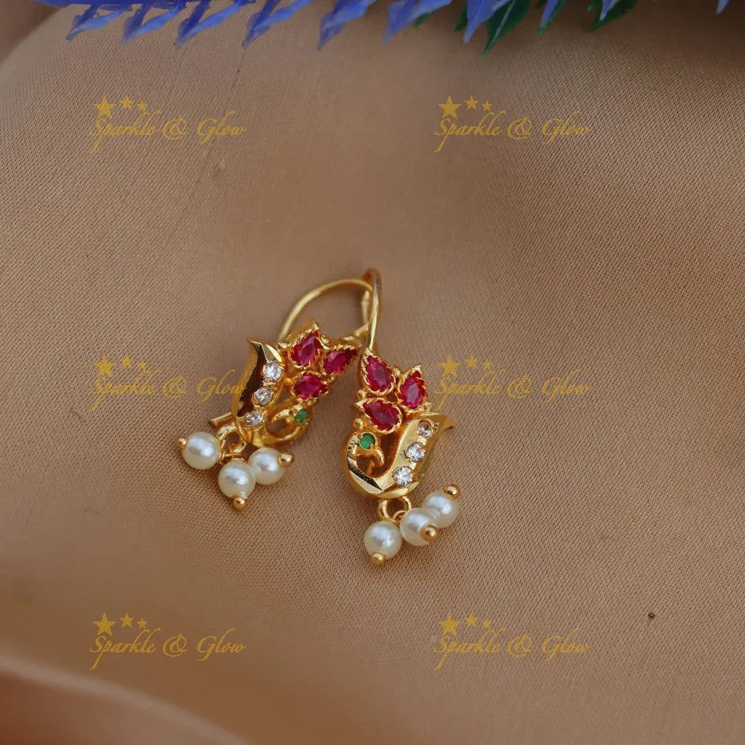 Leaf Motif Bugadi Earrings with Pink, Green Stones & Pearls