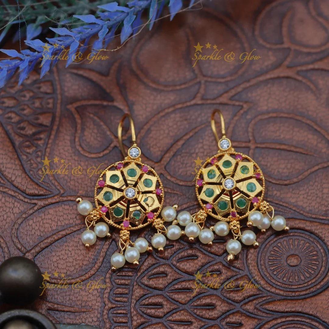 Chakra Bugadi Earrings with Green Enamel & Pearl Drops