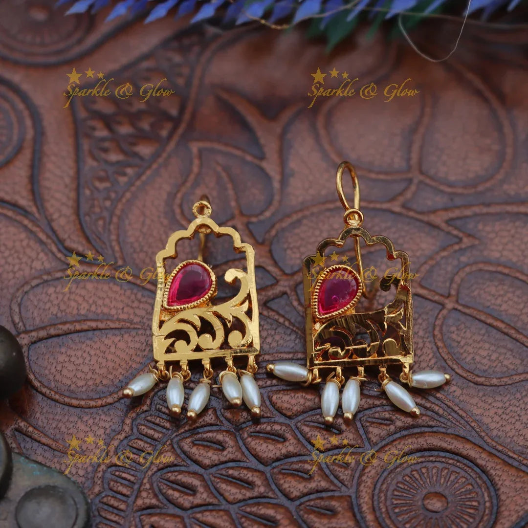 Temple Window Bugadi Earrings with Pink Stone & Pearls