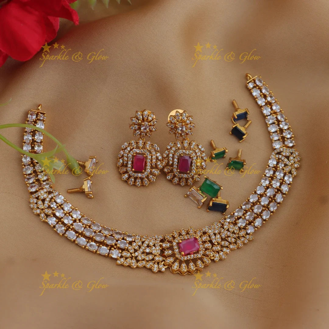 Interchangeable AD Floral Necklace Set with Changeable Stones