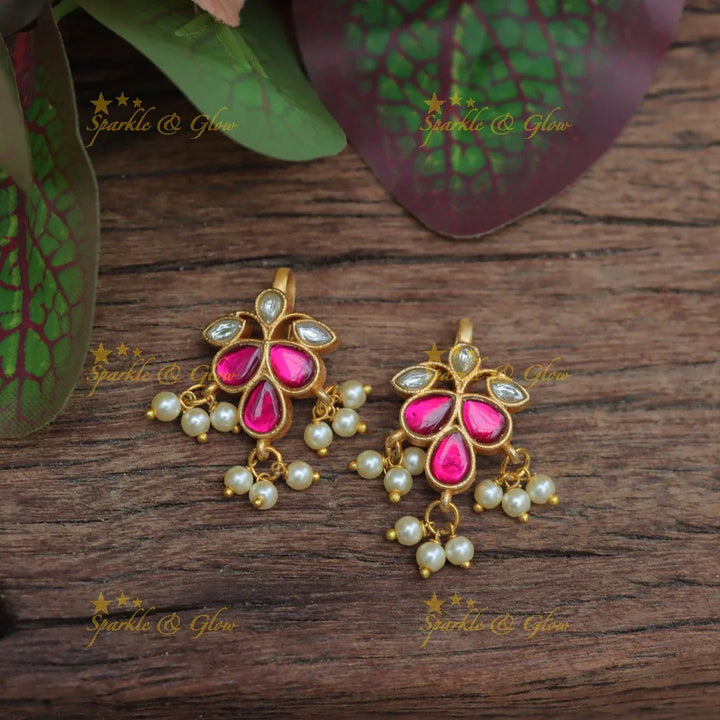 Jadau Kundan Leaf Bugadi Earrings with Pearl Clusters