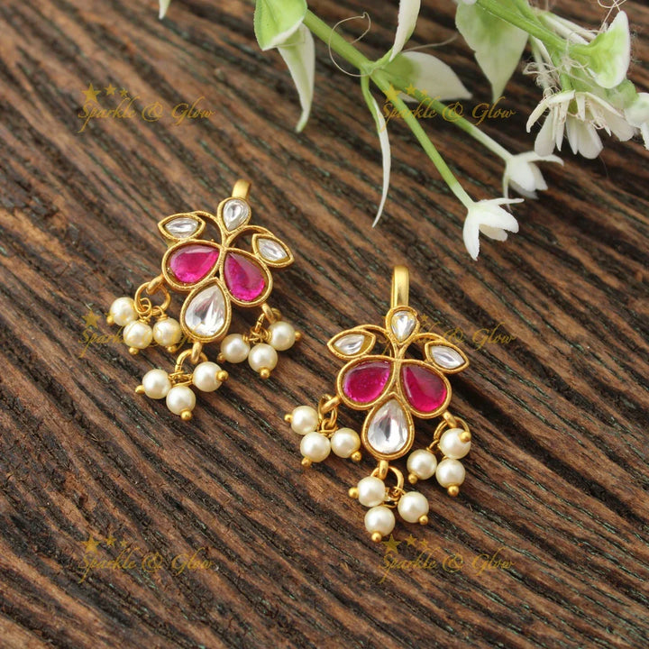 Leaf Floral Kundan Earrings with Pearl Accents