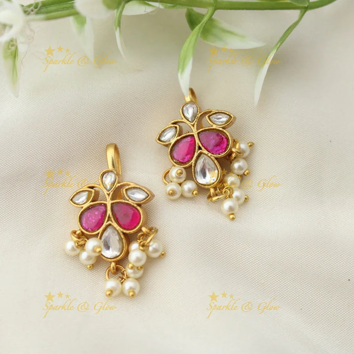 Leaf Floral Kundan Earrings with Pearl Accents