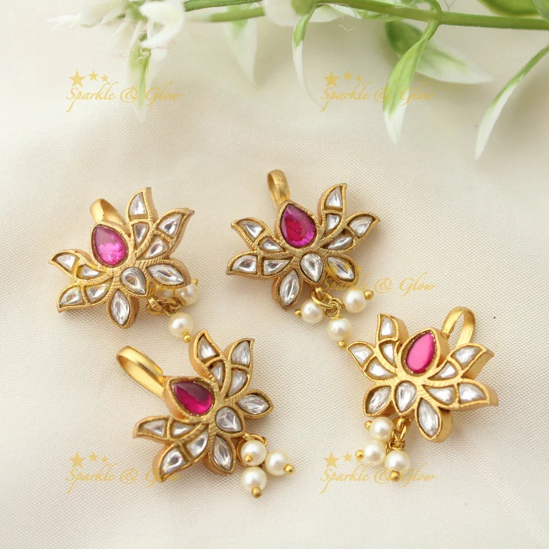 Lotus Design Kundan Bugadi Earrings with Pearl Drops