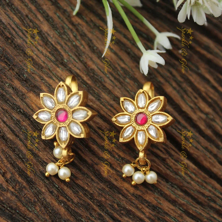 Sunflower Kundan Bugadi Earrings with Pearl Accents