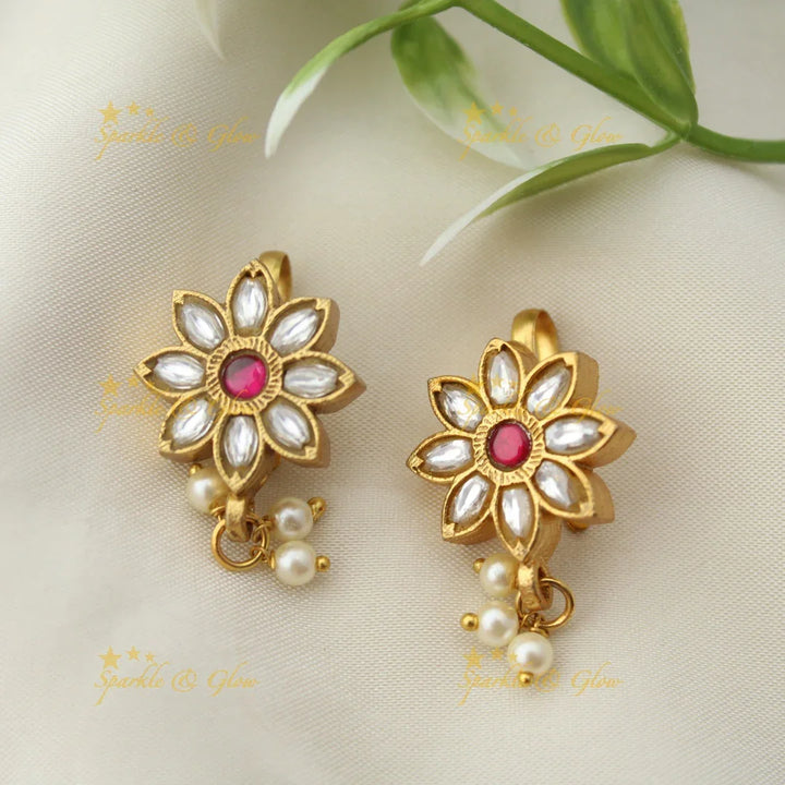 Sunflower Kundan Bugadi Earrings with Pearl Accents