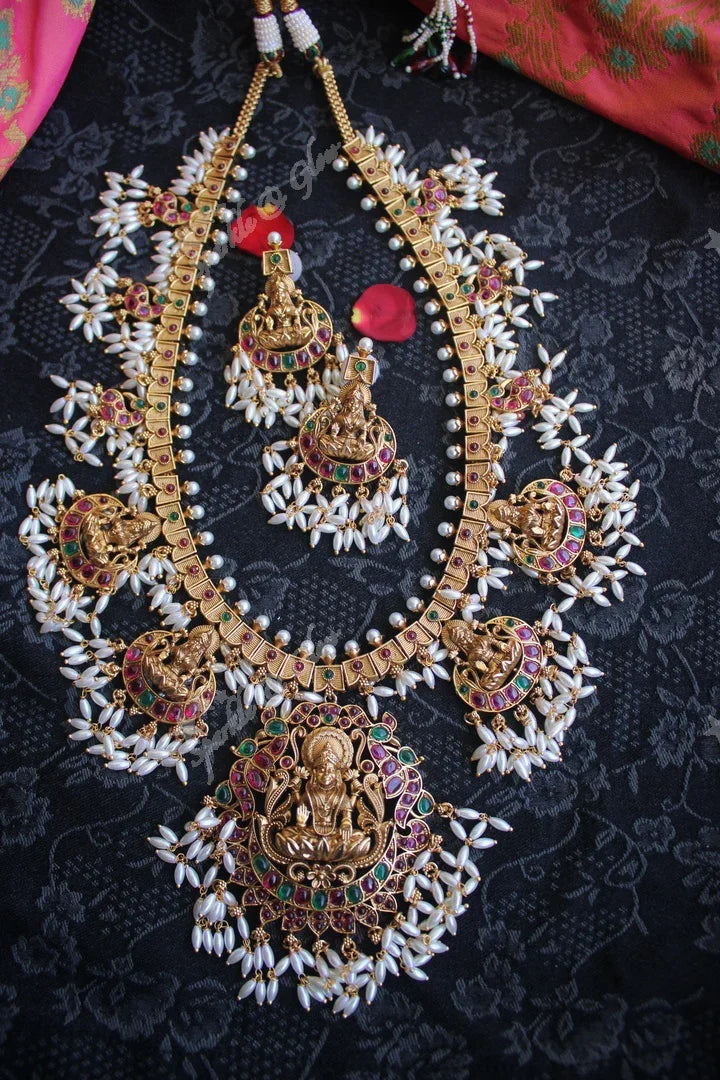 Beautiful rice pearl gutta pusalu Lakshmi haram - Multi - Sparkle and Glow