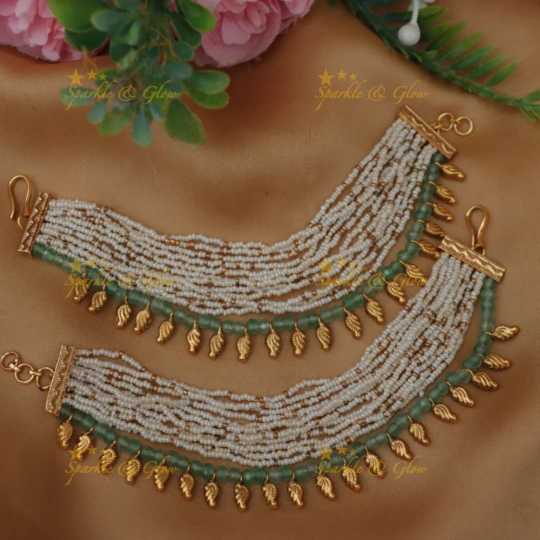 Stunning Multilayered Beaded Earchain with Leaf Charms