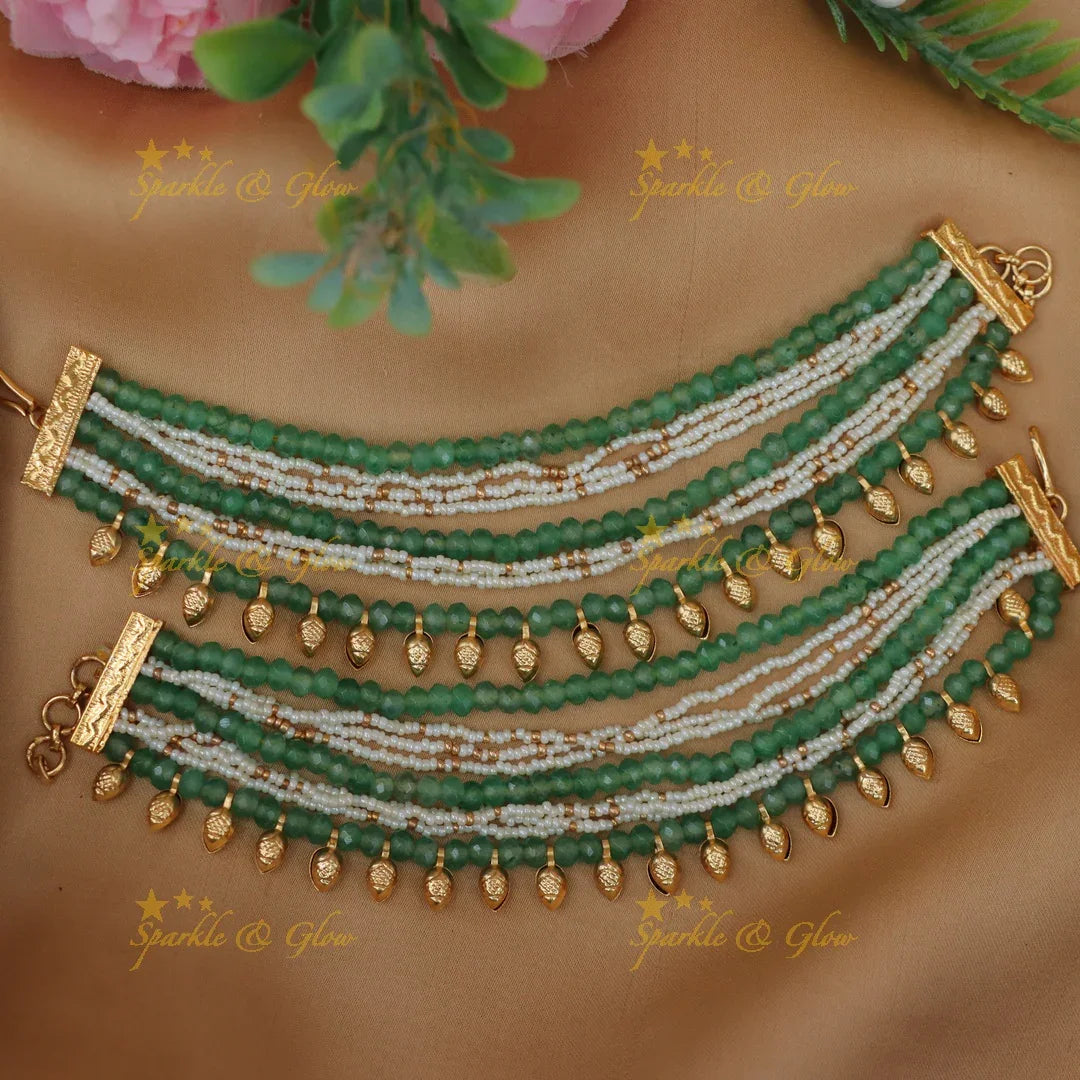 Multilayered Green Beaded Earchain with Gold Leaf Hangings