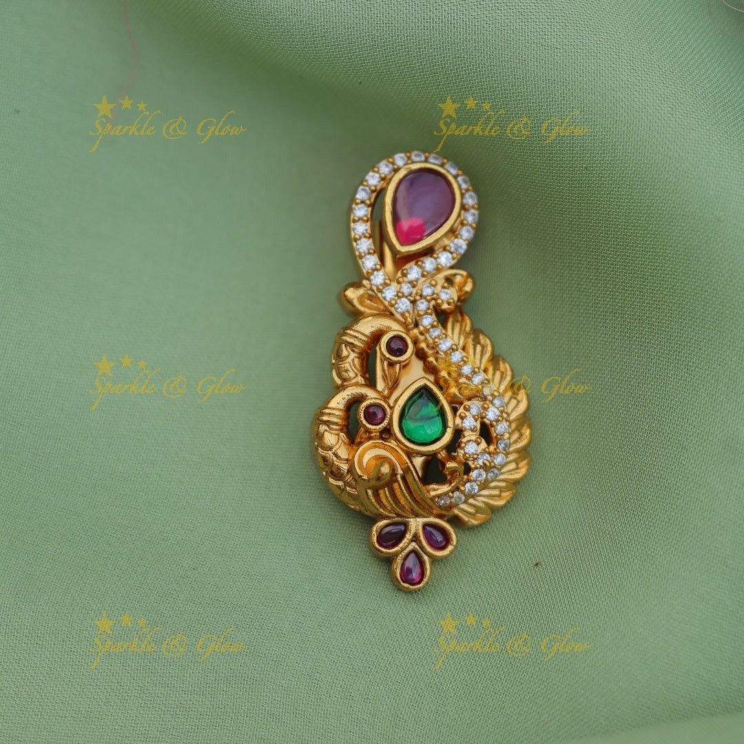 Stunning Dual Tone Peacock Floral Saree Pin with AD Stones