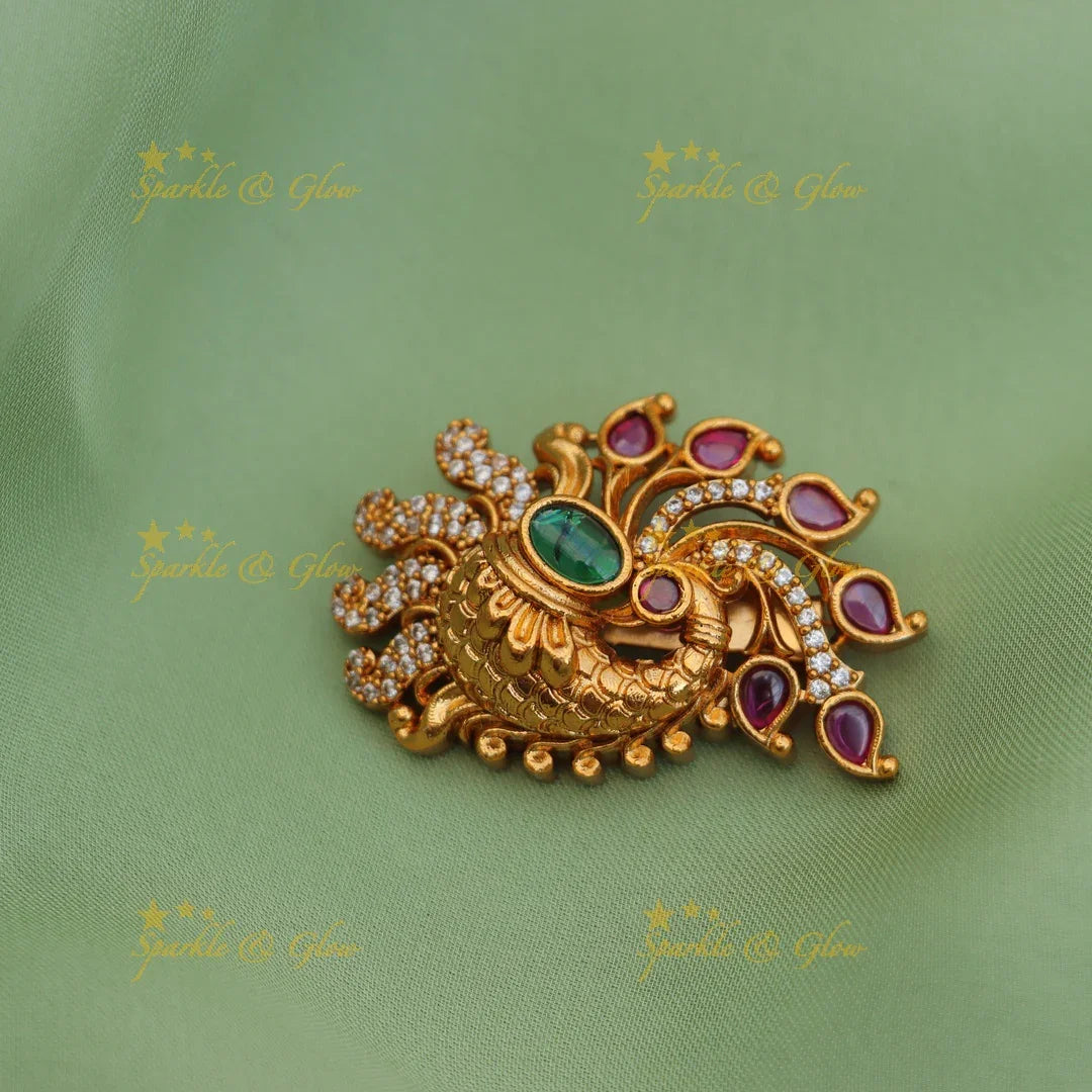 Peacock Design Saree Pin with Green Stone & Ruby Accents