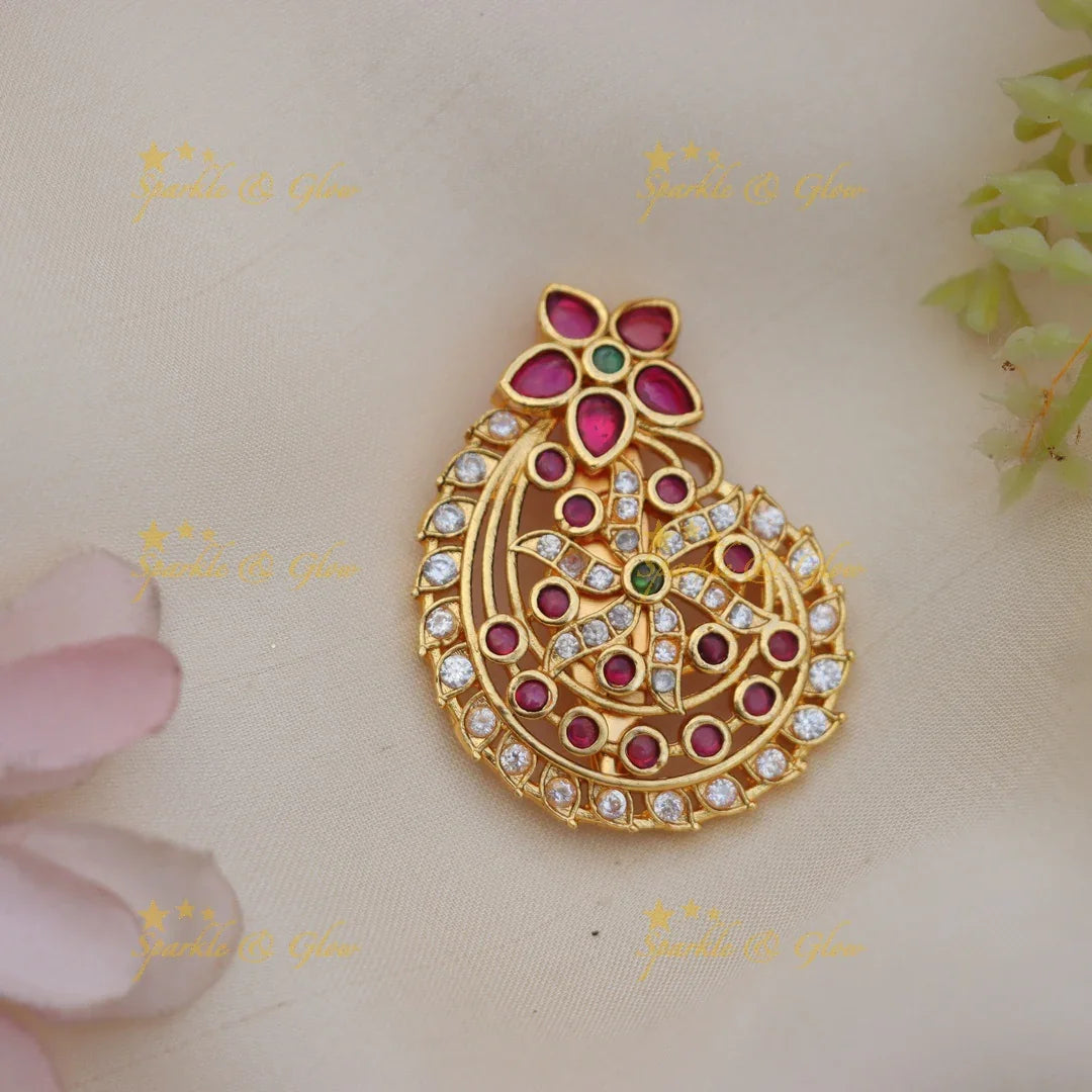 Grand Gold Finish Floral Saree Pin with Kemp Stone Detailing