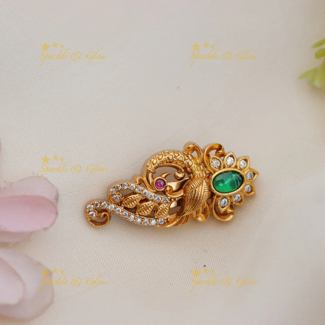 Peacock Design Antique Saree Pin with Green Stone Accent