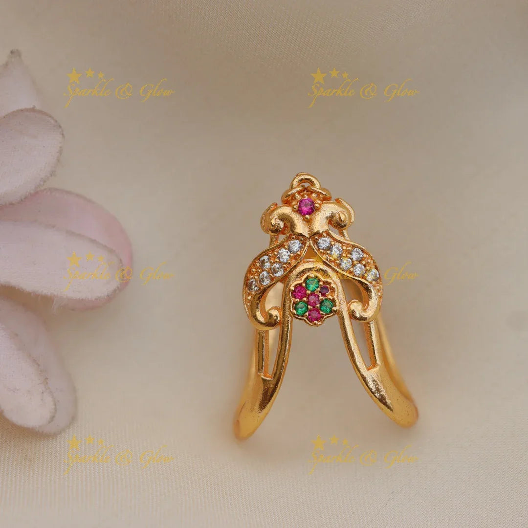 Statement Peacock Floral Vanki Finger Ring in Gold Finish