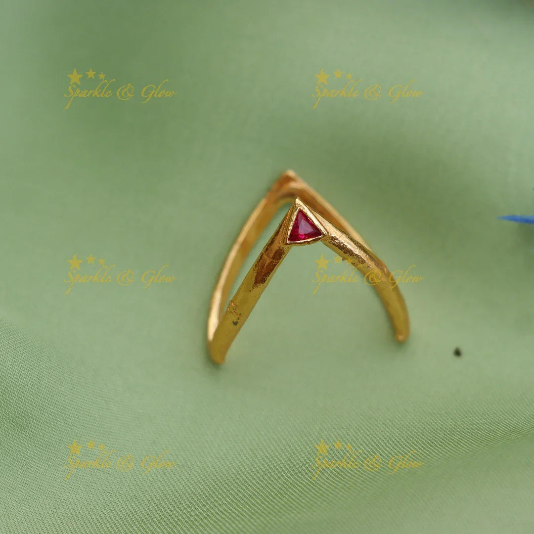 Gold Alike Chevron Finger Ring with Red Triangle Stone