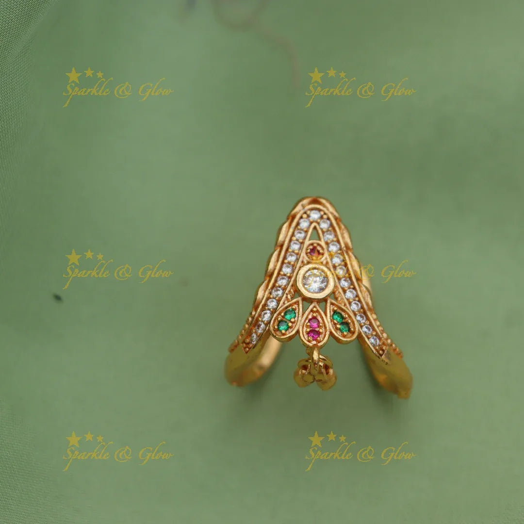 Peacock-Inspired Gold Vanki Finger Ring with AD Stones