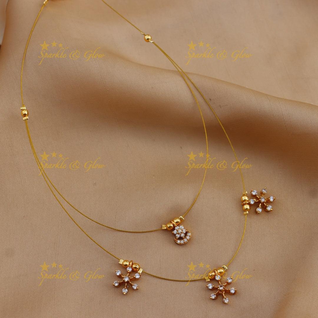 Elegant Double Layer Golden Invisible Necklace with AD Charms