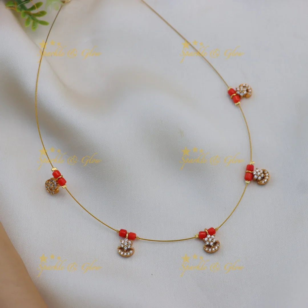 Beautiful Coral Beaded Floral AD Invisible Short Necklace