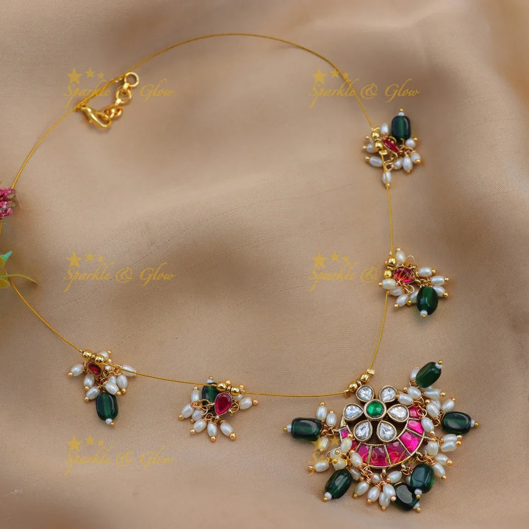 Jadau Kundan Invisible Necklace with Crescent Pendant & Beads