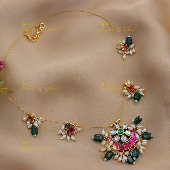 Jadau Kundan Invisible Necklace with Crescent Pendant & Beads