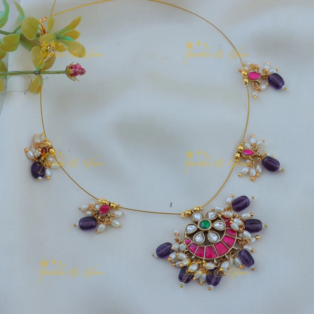 Jadau Kundan Invisible Necklace with Crescent Pendant & Beads