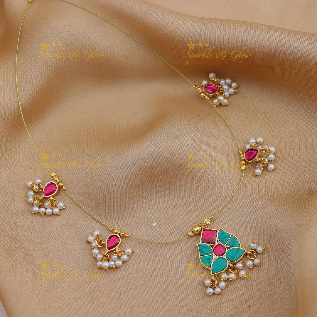 Stunning Jadau Kundan Invisible Necklace with Leaf Pendant