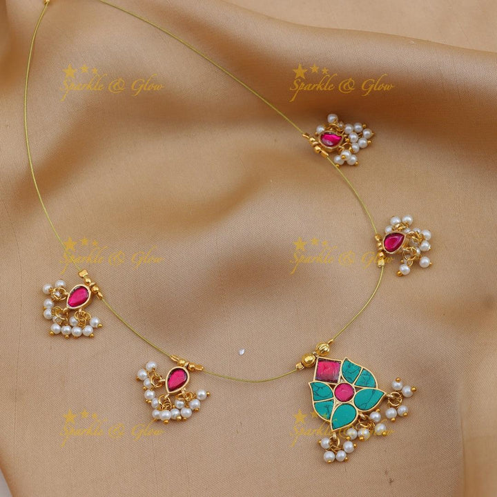 Stunning Jadau Kundan Invisible Necklace with Leaf Pendant