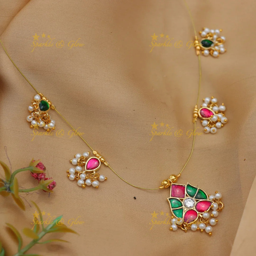 Stunning Jadau Kundan Invisible Necklace with Leaf Pendant