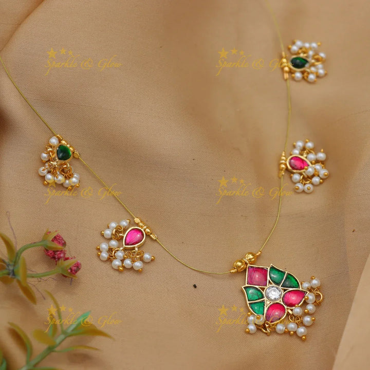 Stunning Jadau Kundan Invisible Necklace with Leaf Pendant