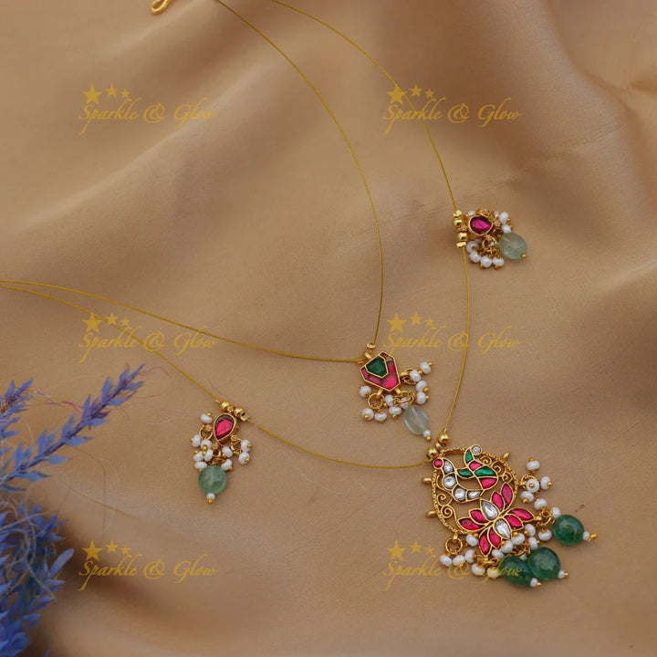 Statement Jadau Kundan Peacock Lotus Invisible Necklace Set