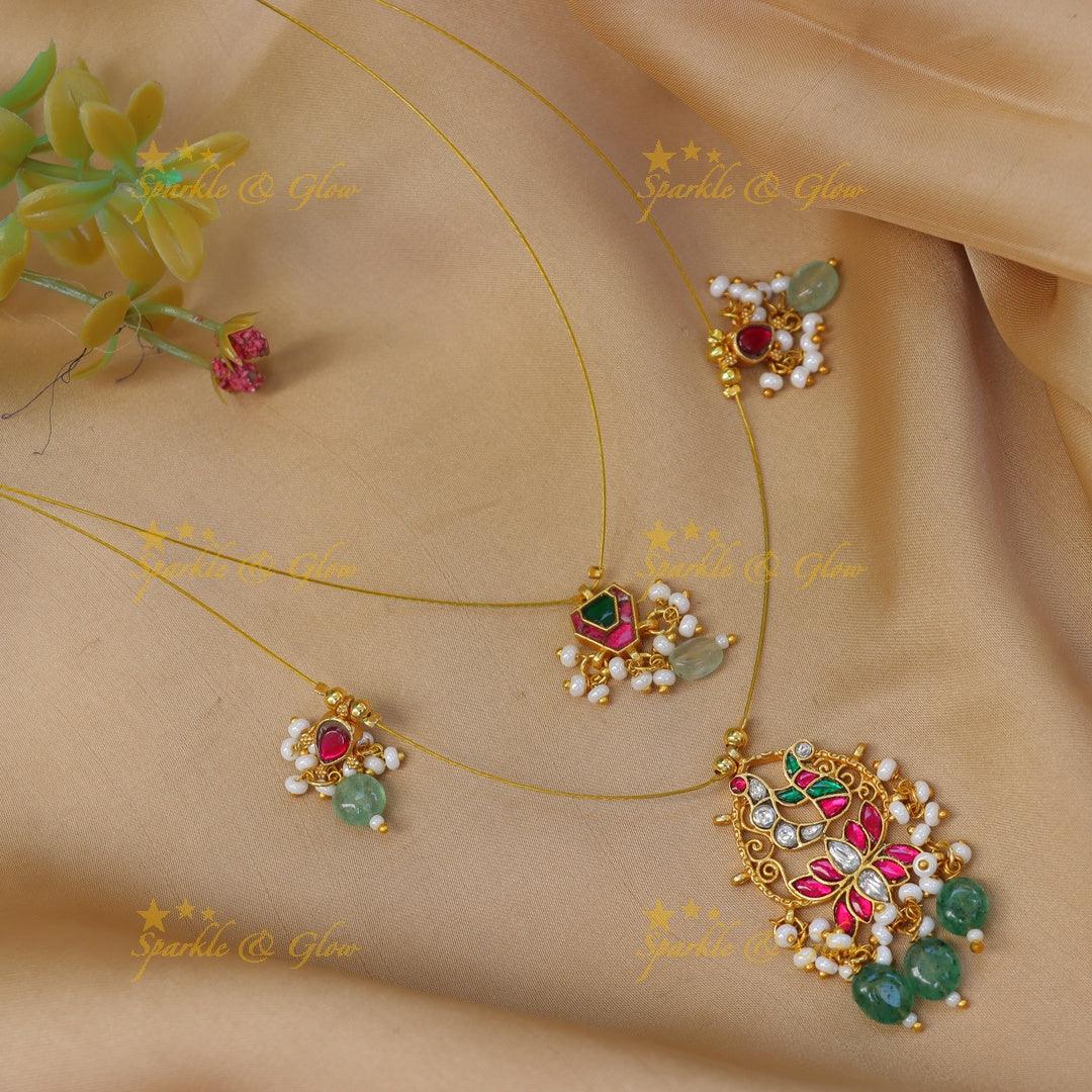 Statement Jadau Kundan Peacock Lotus Invisible Necklace Set
