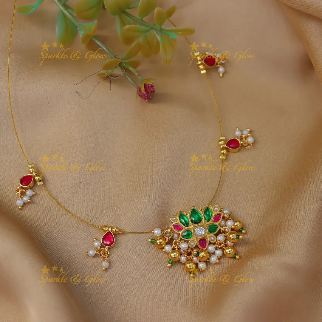 Grand Jadau Kundan Lotus Floral Invisible Short Necklace