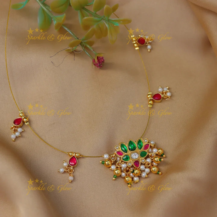 Grand Jadau Kundan Lotus Floral Invisible Short Necklace