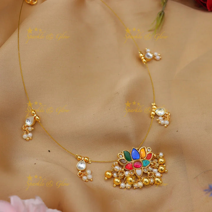 Grand Jadau Kundan Lotus Floral Invisible Short Necklace