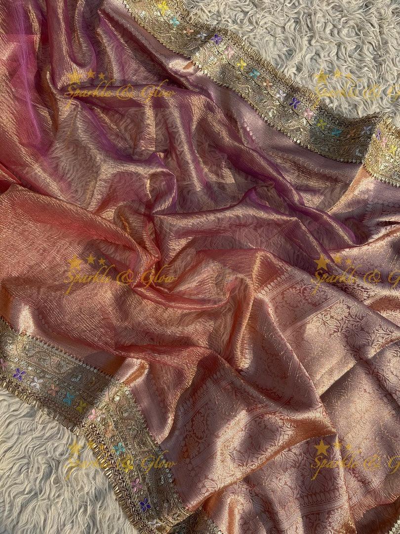 Elegant Golden Dual Tone Banarasi Tissue Saree