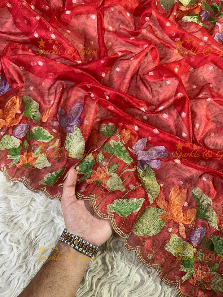 Banarasi Tissue Saree with Embroidered Floral Border