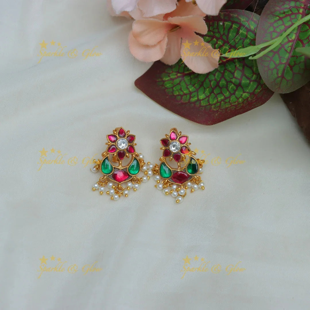 Elegant Jadau Kundan Floral Bugadi Earrings with Pearls