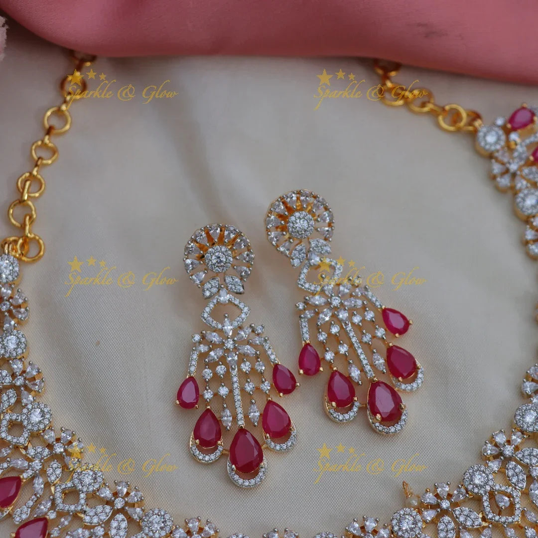 Back thread Stunning American Diamond Bridal Necklace Set in Ruby Red