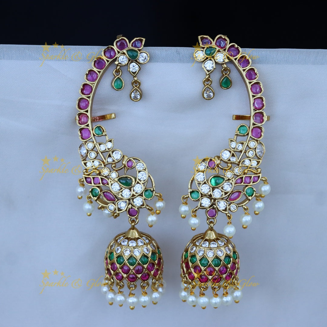 Grand Peacock Floral Kemp Ear Cuff Jhumka Earrings