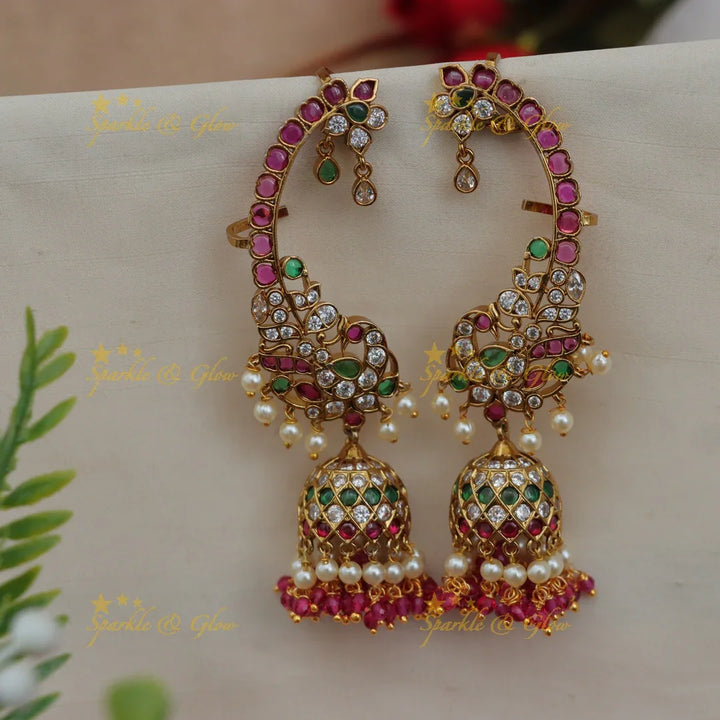 Grand Peacock Floral Kemp Ear Cuff Jhumka Earrings