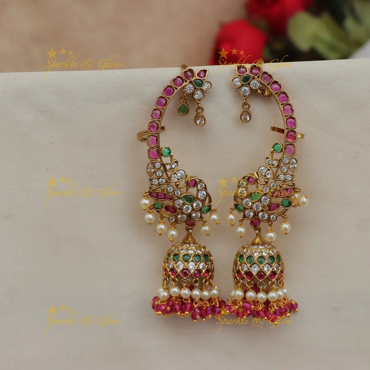 Grand Peacock Floral Kemp Ear Cuff Jhumka Earrings