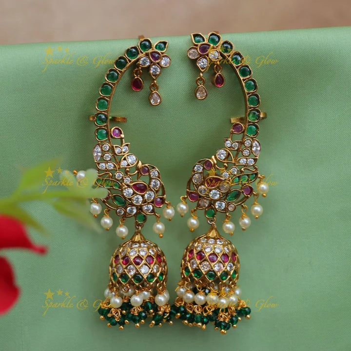 Grand Peacock Floral Kemp Ear Cuff Jhumka Earrings